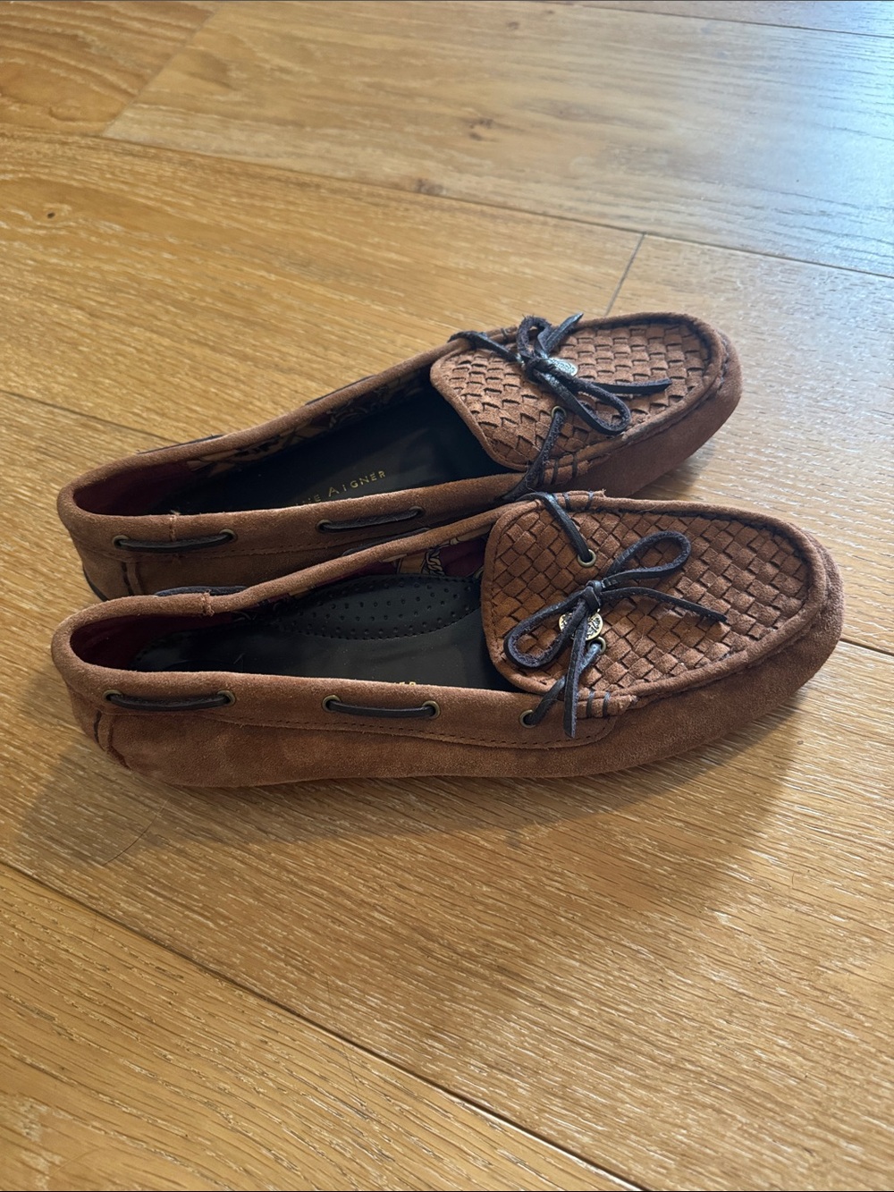 Etienne Aigner Brown Suede Woven Moccasin Loafers
